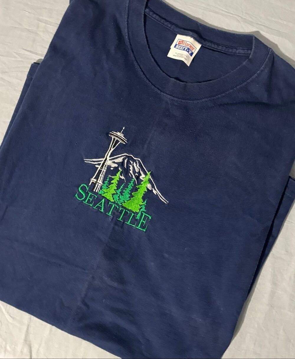 Vintage Hanes Beefy Embroidered Seattle T Shirt Blue XL Space Needle
